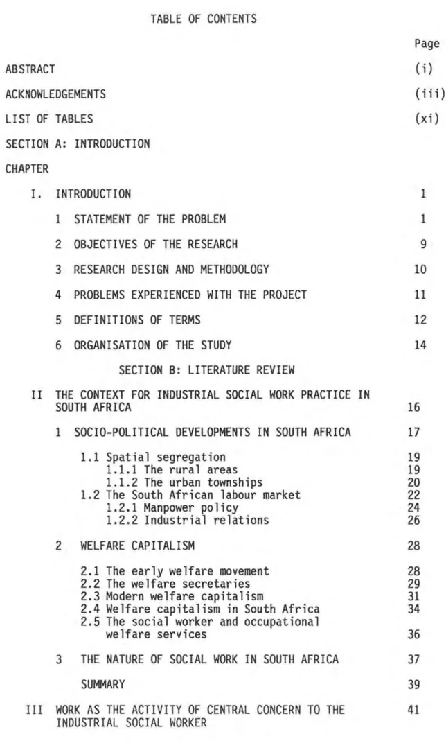 TABLE  OF  CONTENTS  Page  ABSTRACT  ( i )  ACKNOWLEDGEMENTS  ( iii)  LI ST  OF  TABLES  (xi)  SECTION  A:  I NTRODUCTI ON  CHAPTER  1