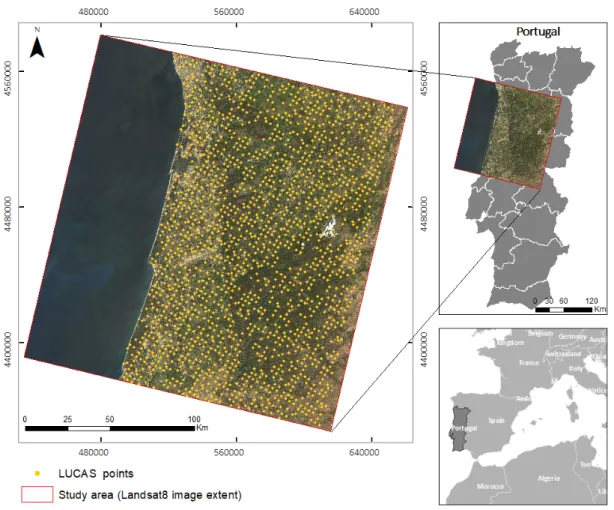 Figure 3. Study area and LUCAS 2015 reference data (coordinate system: WGS-84 UTM Zone 29, projection: Transverse-Mercator, Landsat image acquisition date: 25 May 2015).