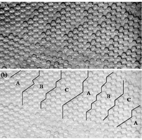 Fig. 9Intrinsic stacking fault in an fcc packing. The computer simulation (a) shows the layers ABCAB|ABC, which are viewed in the [1121] direction in(b)