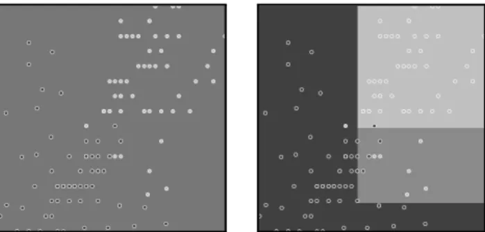 Figure 4: Visualisation of predicted probabilities for the basic classifier described in Sec- Sec-tion 4.3 (left) and the corresponding calibrated probabilities from a probability calibration tree (right) for a simple artificial dataset