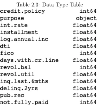 Table 2.3: Data Type Table
