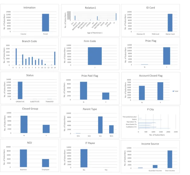 Figure 4.1 Categorical variables describing the subscribers  Variable      Mean  Minimum  Maximum  Age1         32   0        82   OpenBal  94,384   0  2,300,000   Age  45   0        86   BPay  19,503   0  6,000,000   NPay  2,001   0   1,200,000   Capital 