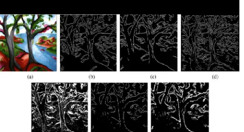 Fig. V.  (a) Original Trees image, (b) Sobel Edge Detector (c) Roberts Cross Edge Detector (d) Prewitt Edge Detector (e) Laplacian Edge Detector (f) Edge Maximization Technique Edge Detector and (g) The proposed approach