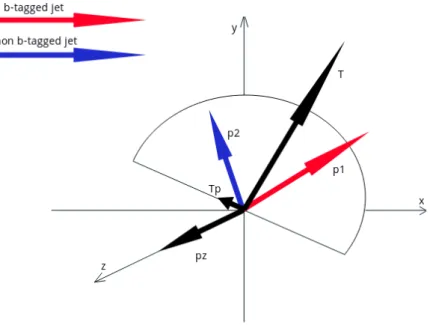 Figure 2.1: Graphical representation of an example hemisphere containing two jest (N j = 2) with respective masses m 1 and m 2 and transverse momenta p1 and p2