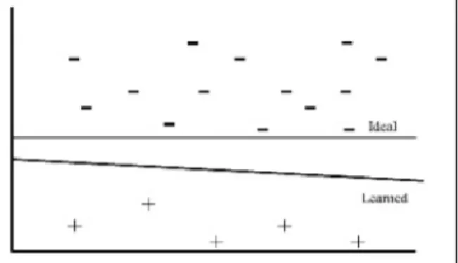 Figure 2.2: Positive instances lie further away from the ideal boundary (horizontal line)  than the negative instances