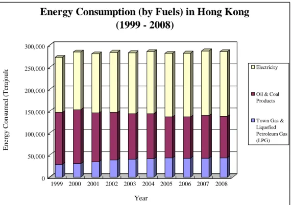 Figure 3.1 Energy Consumption (by Fuels) in Hong Kong (1999 - 2008)  Source: Electrical &amp; Mechanical Services Department (EMSD), 2010 