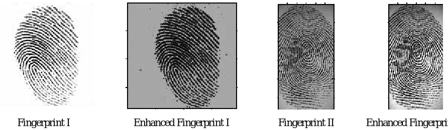 Figure 4: An example of fingerprint images and their enhanced version using histogram equalization