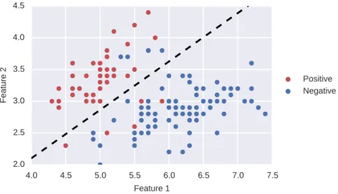 Figure 2.2: Example of a classification algorithm. Using a set of examples from two classes, a classification algorithm is learned in order to separate between the positives and the negatives.