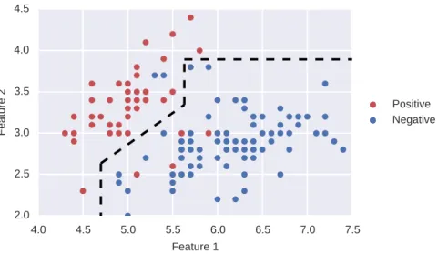 Figure 2.3: Example of a classification algorithm. Using a set of examples from two classes, a classification algorithm is learned in order to separate between the positives and the negatives.