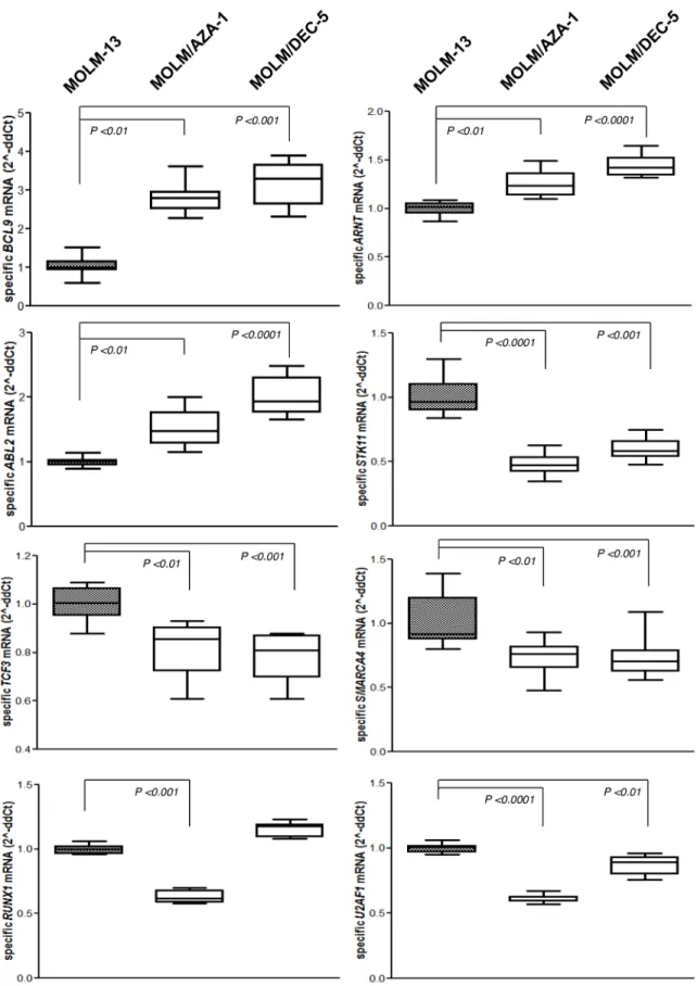 Figure 4: Expression profile of the cancer related genes.  Expression levels of 8 cancer-related genes in the HMA-resistance- HMA-resistance-specific CNAs were confirmed by real-time qPCR assay in the indicated group of cell lines