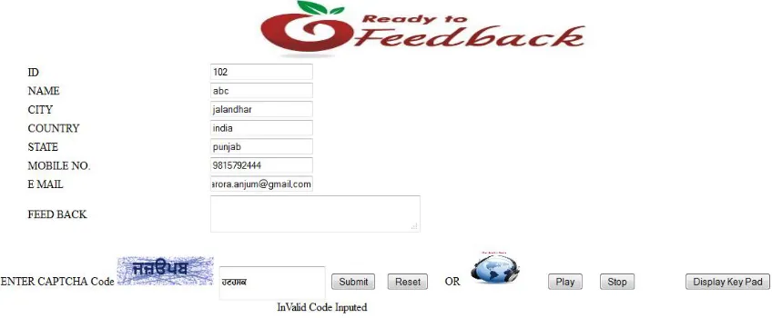 Figure 5:  LogIn Form When InCorrect CAPTCHA CODE ENTERED Also the Punjabi keypad is provided for the ease of users