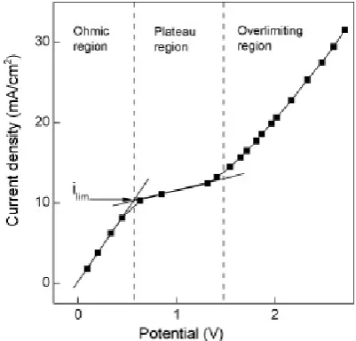 Figure 2.3: Conceptual representation of the relation between the current through a membrane andthe corresponding voltage drop over the membrane and their boundary layers [7].