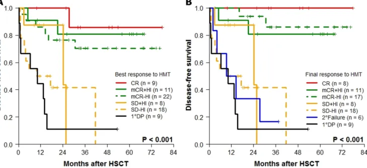 Figure 2: Kaplan-Meier analyses for DFS according to HMT response (n = 77).  DFS according to  A