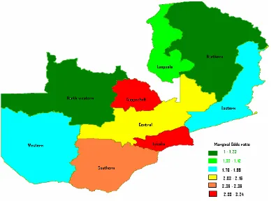 Figure 1: Map of marginal odds ratios of HIV prevalence in Zambia (DHS 2001) 