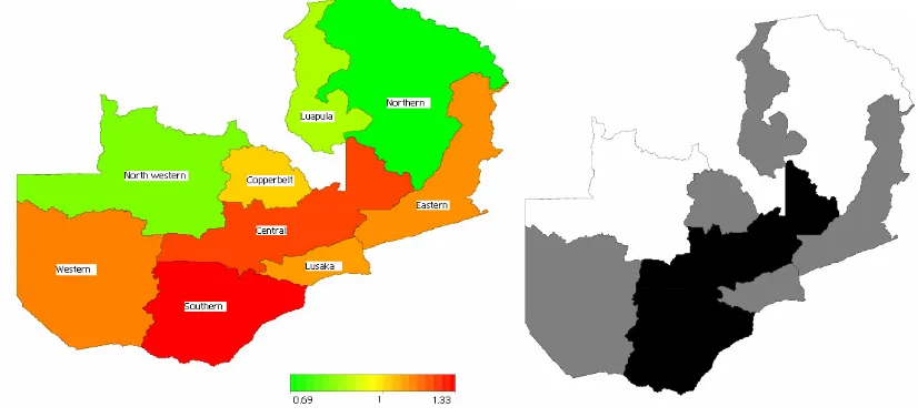 Figure 4: Total residual spatial provincial effects (left) and 80% posterior probability map (right) of the risk of HIV infection in Zambia