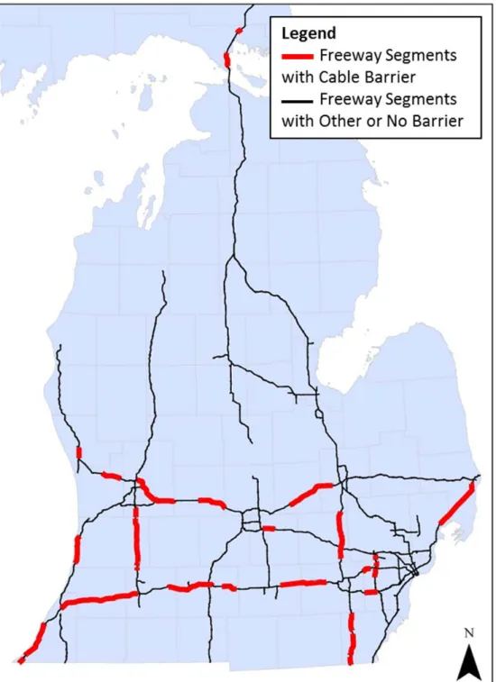 Figure 4.  Map Showing Michigan Cable Barrier Installation Locations 