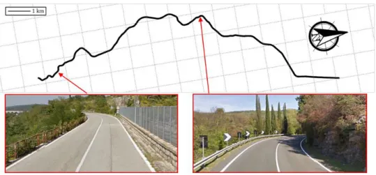 Fig. 1. S.S. 55 : Surrogate centerline alignment and photos of the study section in summer 2011