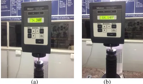 Figure 6. (a) Hardness test of specimen 1 and (b) Hardness test of specimen 2  