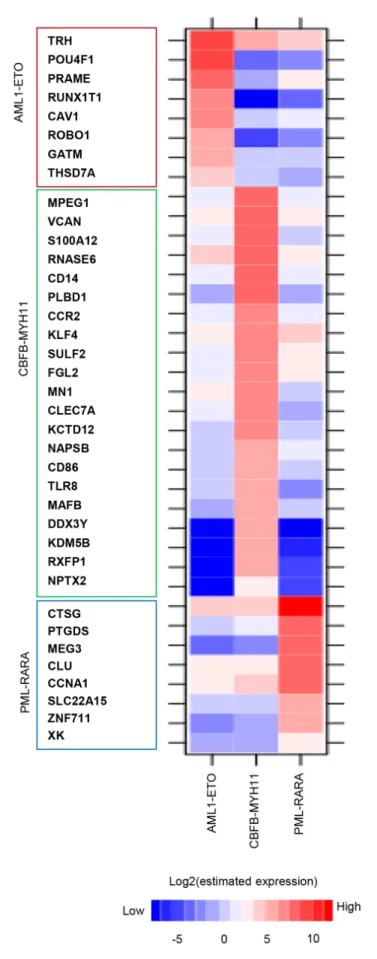 Figure 4: AML signature gene identification.  Heatmap displaying expression levels of signature genes for t(8;21), inv(16) and  t(15;17) AML identified in two cohort studies [21, 22].