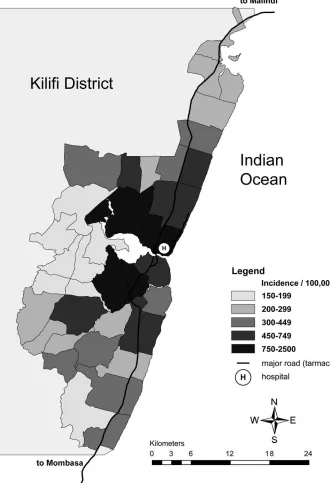 Figure 1. Map of Kilifi Demographic Surveillance System (DSS), Showing the Under-5-Year-Old Incidence (Per 100,000 Per Year) by Sublocation of GARV-Positive Diarrhoea Admissions to Kilifi District Hospital (H), 2002–2004Sublocation data was pooled with nea