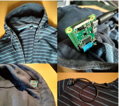 Figure 11 - Pictures of the prototype - Upper left​: The overview of the prototype sweater, with the two sensors and the Raspberry Pi hidden inside