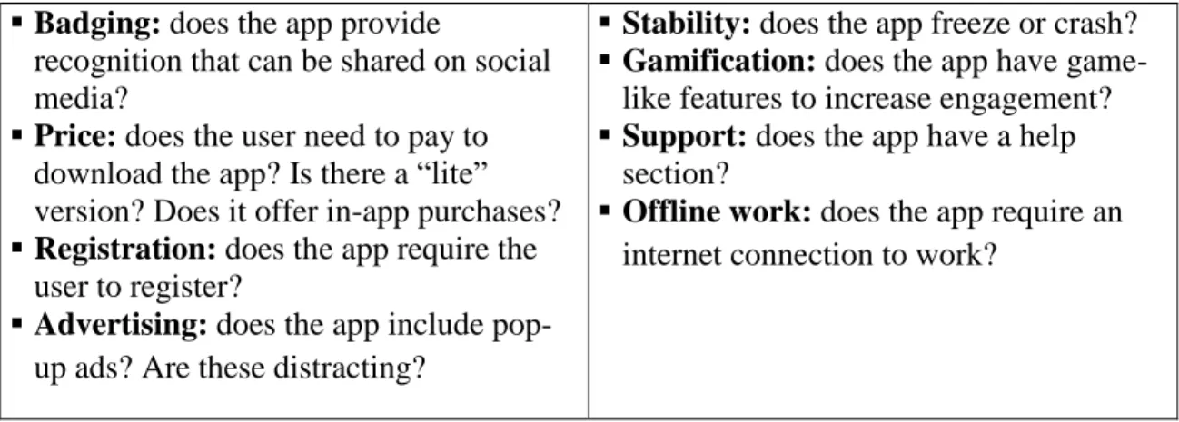 Table 3: Framework for Language Learning app evaluation 