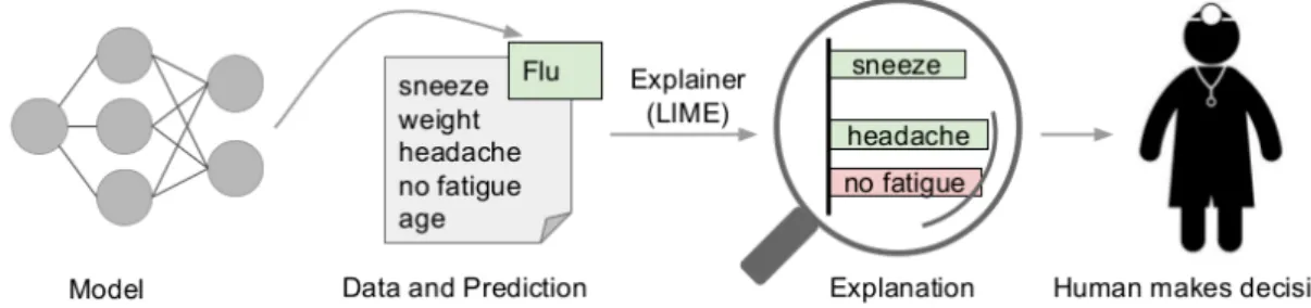 Figure 4: Workflow of the LIME [28] method. In this picture model predicts that patient has a flu and LIME highlights those symptoms, which contributed the most to this prediction.