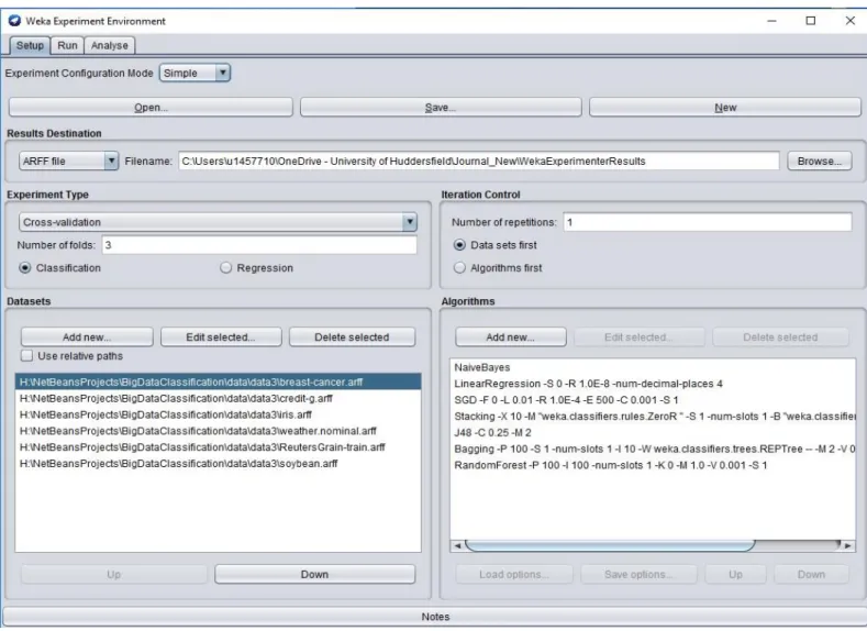 Figure 3.6: Experimenter  setup for testing several classification algorithms  on various  datasets