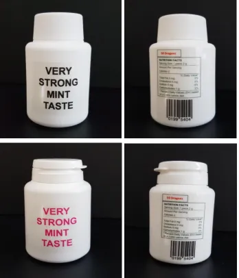 Figure 2: Chewing gum dispensers - rough surface & black typeface (top) and smooth & pink typeface (below) 