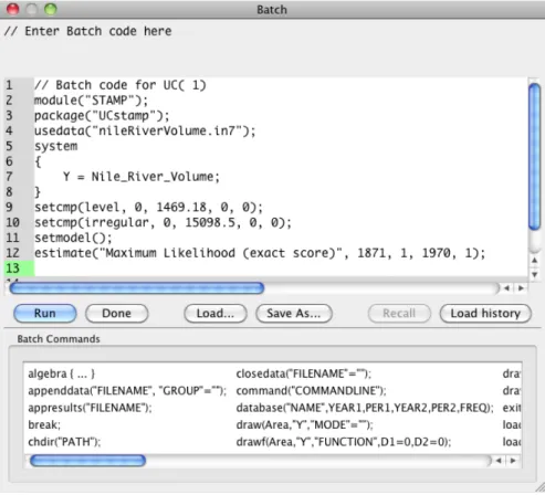 Figure 4: Window showing the generated code for batch processing of the local level model within STAMP.
