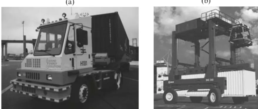 Fig. 2.7 Yard truck (a) and straddle carrier (b) (source: Kalmar Industries, 2008)