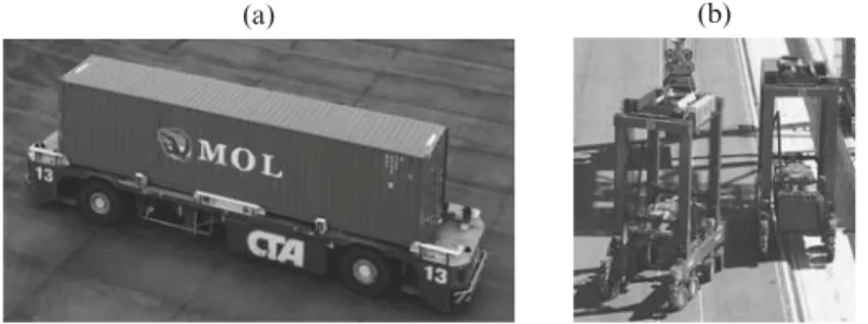 Fig. 2.8 AGV at the port of Hamburg (a) and ALVs at the port of Brisbane (b) (source: Gottwald Port Technology, 2008; Kalmar Industries, 2008)