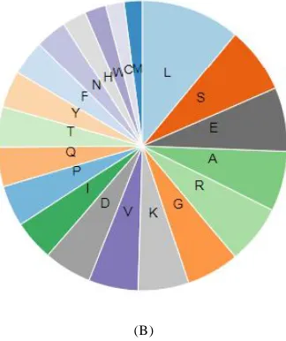 Figure 3: The amino acid composition of ApCPS using ProtParamtool of  ExPASy server (3A); diagrammatic representationof amino acid composition (3B) Lys (K); Ser (S); Thr (T); Ile (I);Glu (E); Pro (P); Arg (R); Gln (Q); Phe (F); Tyr (Y)  His (H); Asp (N);Met (M); Cys (C); Val (V); Ala (A); Gly (G); Leu (L); Asp (D); Trp (W).