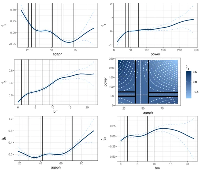 Figure 8: MTPL: binning intervals for the continuous effects. Top and middle row: main and interaction effects ˆf 1 (ageph), ˆf 2 (power), ˆf 3 (bm) and ˆf 4 (ageph, power) from the frequency model, binned by evolutionary trees with α f req = 550