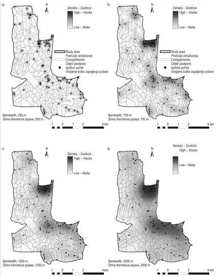 Fig. 2 KDE maps of campus fires for different bandwidths: a) 250 m, b) 750 m, c) 1250 m, d) 2000 mSlika 2