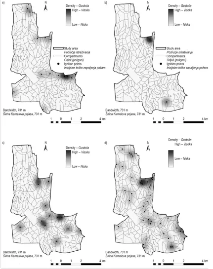 Fig. 3 KDE maps according to seasons: a) fall, b) winter, c) spring, d) summerSlika 3
