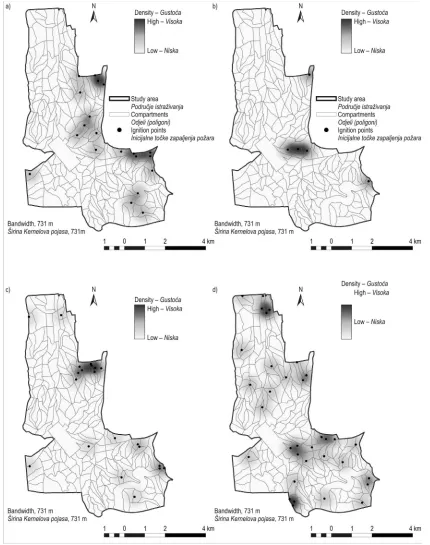 Fig. 6 KDE maps according to years: a) 1993 – 1996, b) 1997 – 2000, c) 2001 – 2004, d) 2005 – 2009Slika 6
