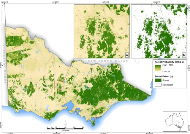 Figure 3-3 Implemented Random Forests model forest probability map (a) inset forest  probability map (0–100); (b) final forest classification, based on a binary threshold