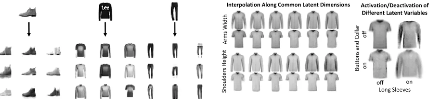 Figure 6: Generation conditioned on single observations with the VSC model. An object is encoded in the latent space and synthetic examples are then generated by  sam-pling only along the activated latent dimensions