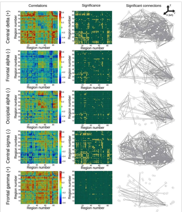 FIGURE 5 | Matrices of average correlation (left), significant correlations (center, significant correlations in yellow), and networks in anatomical space (left: posterior side, right: anterior side) with links representing significant correlations (right)