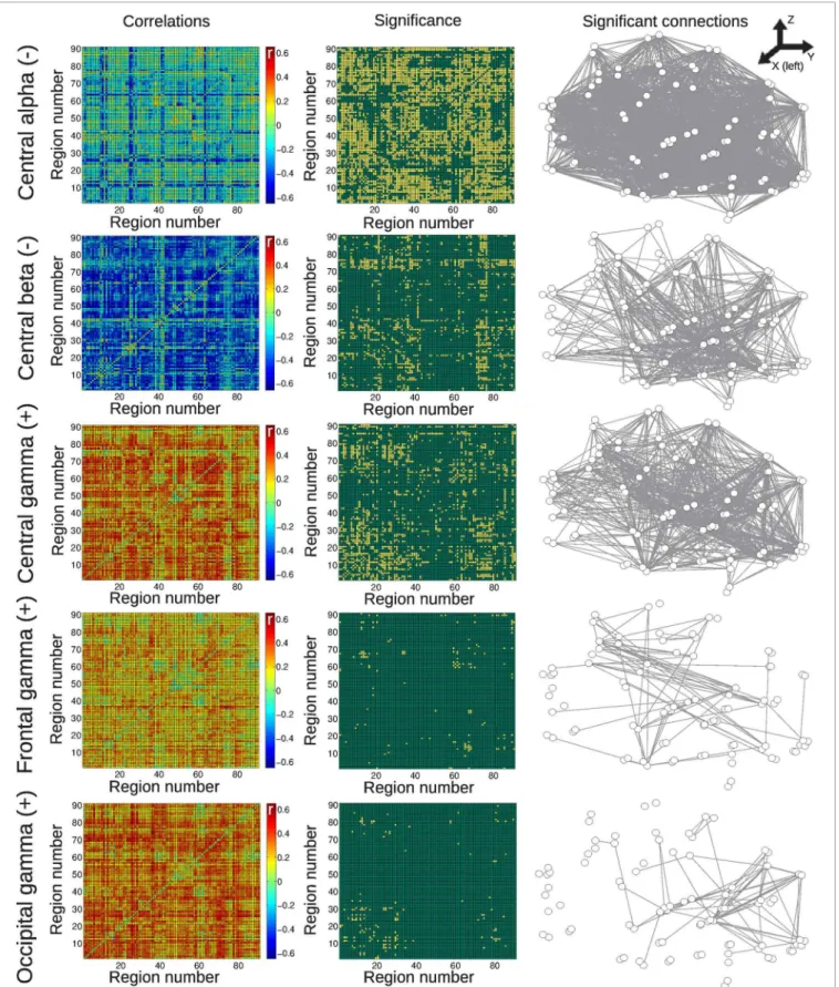 FIGURE 4 | Matrices of average correlation (left), significant correlations (center, significant correlations in yellow), and networks in anatomical space (left: posterior side, right: anterior side) with links representing significant correlations (right)