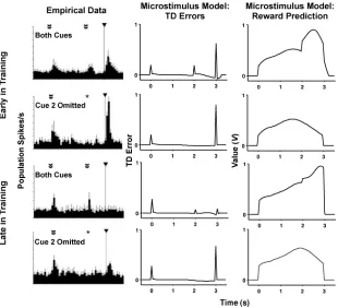 Figure 8: Multiple cue simulations. Empirical data (left column) from ratdopamine neurons and TD error (middle column) and value (right column)from microstimulus TD model simulations in an experiment with multiple pre-dictive cues