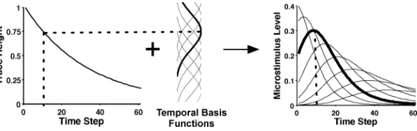 Figure 2: Stimulus encoding by the microstimuli. From left to right, the stimu-lus trace, basis functions, and resulting microstimulus levels are displayed