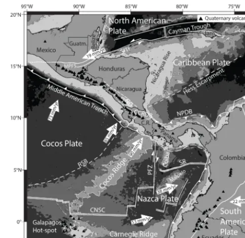 Figure 1. Tectonic setting of the Central American Isthmus. Whitelines show plate boundaries and major tectonic structures
