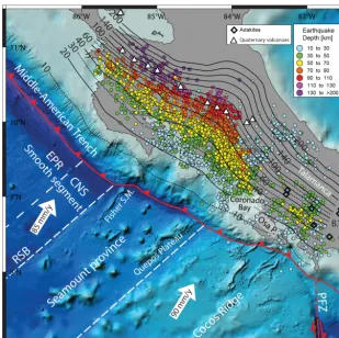 Figure 5. Slab depth contours for Costa Rica from the integrated interpretation of seismological and density modeling results