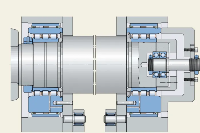 Fig 1 Arrangement with printing cylinder bearing units (PCU),  high precision lock nuts, matched single row angular contact ball bearings and needle roller bearings