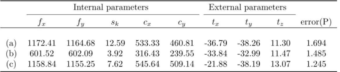 Table 3.2: Camera parameters from LM solution. Internal parameters External parameters