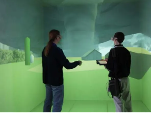 Figure 1:  Two users of the virtual storm, nearing  the tornado within the CAVE environment