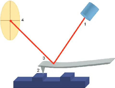 Figure 1.06: Schematic of the atomic force microscope (AFM). A laser beam (1) is shone onto  the cantilever as the tip (2) scans across the surface of the sample
