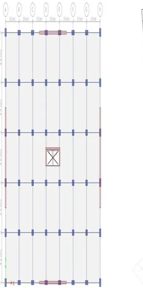 Figure 1:Plan of the building with Shear Walls provided at  the centre core and at the center of each side of the external perimeter